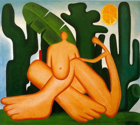 Tarsila do Amaral painting of orange figures with tiny heads sitting in front of plants. 