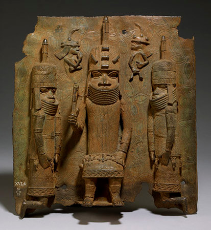 A bronze plaque from Benin with three large figures