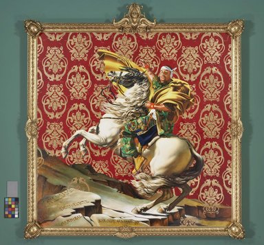 Kehinde Wiley's Napoleon painting of a Black man on horseback with a red and gold background