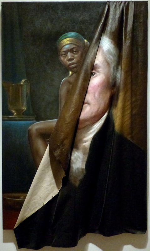 Titus Kaphar's Behind the Myth of Benevolence with a portrait of Thomas Jefferson rolled back to show Sally Hemings